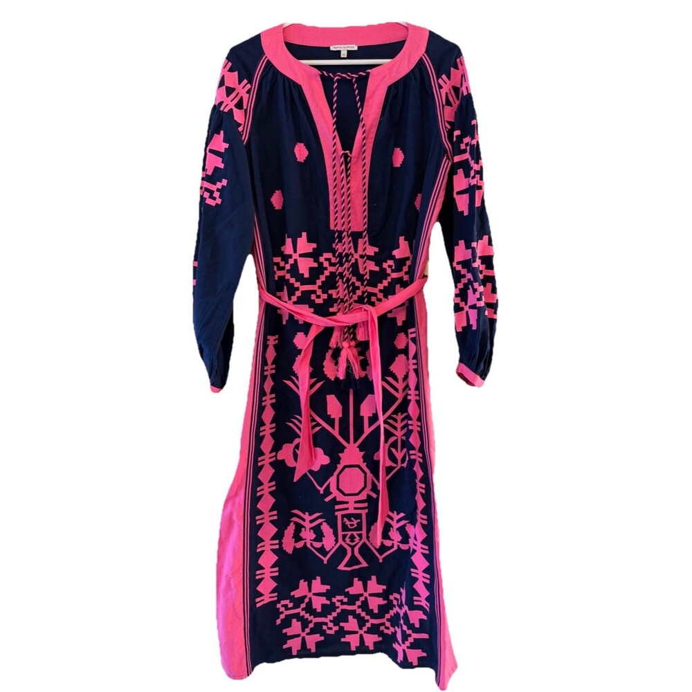 Frances Valentine XS Navy Pink Embroidered Linen Cotton Midi Dress Belted - Picture 3 of 11